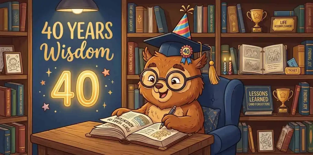 Wise birthday character celebrating forty