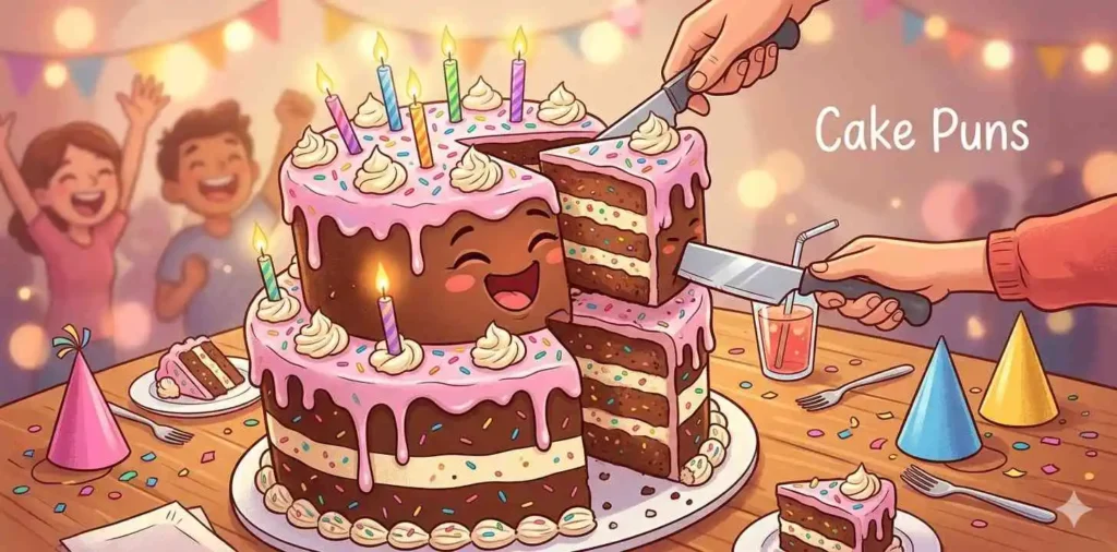 Cartoon birthday cake slice with candles and joy.
