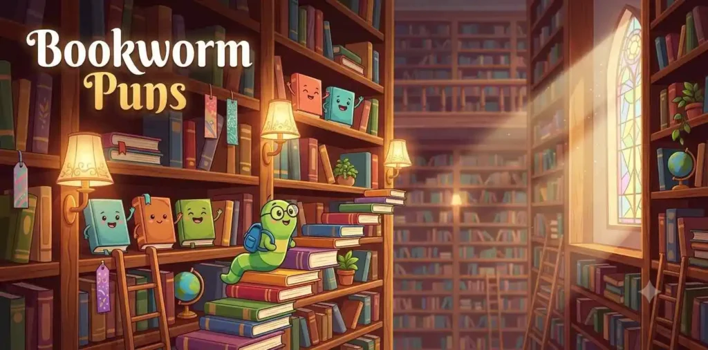 Bookworm exploring library shelves