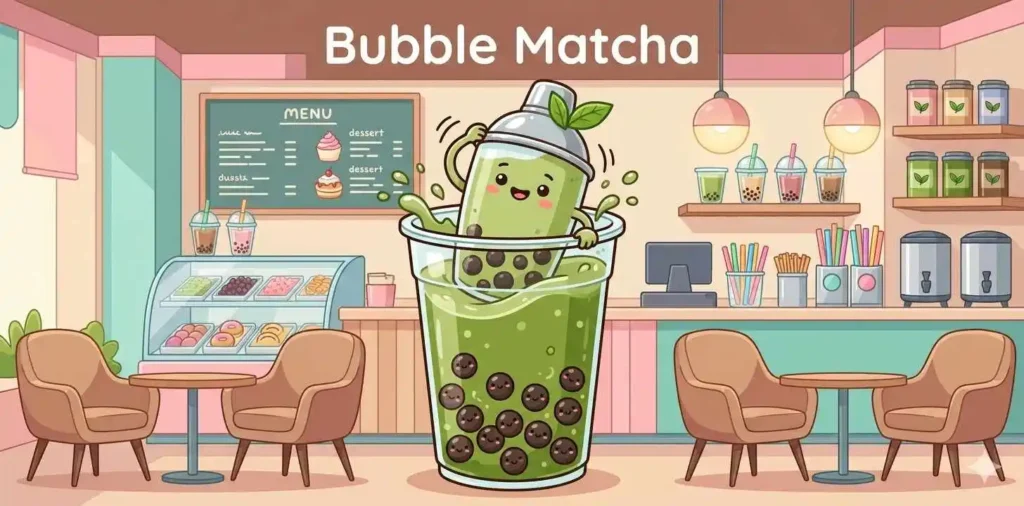 Cute bubble tea matcha drink