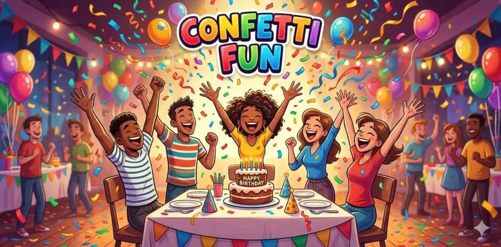 Colorful confetti explosion at birthday party celebration.