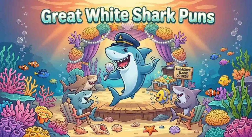 Great white shark telling jokes
