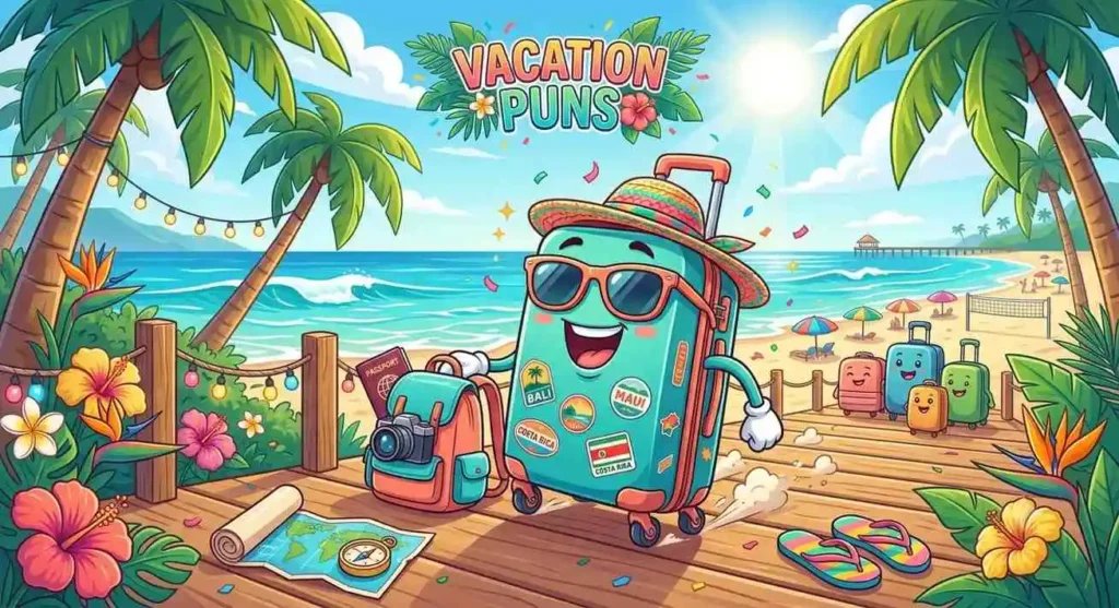 Cute suitcase enjoying summer vacation
