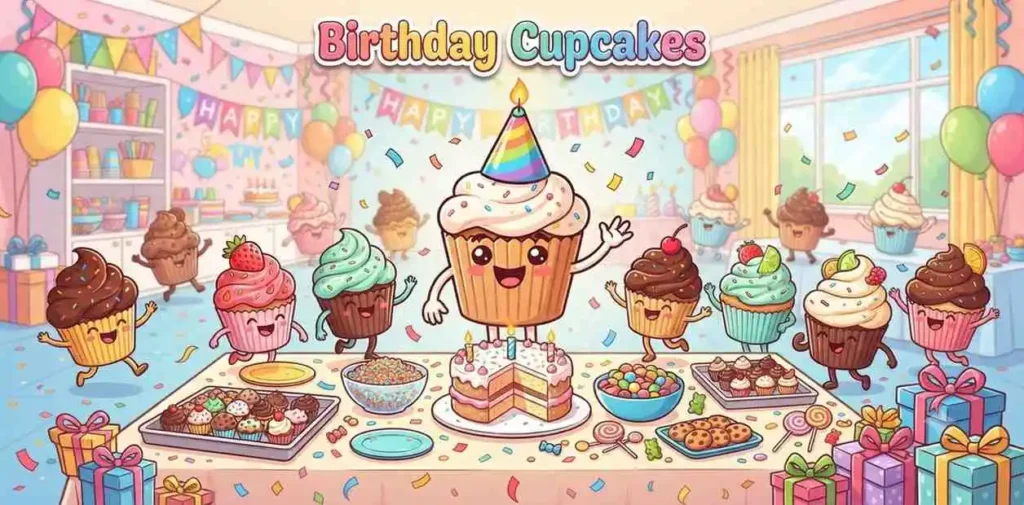Birthday cupcake celebration scene