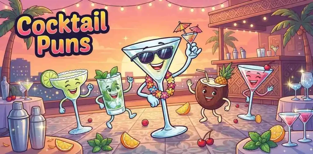 Funny cocktail characters celebrating