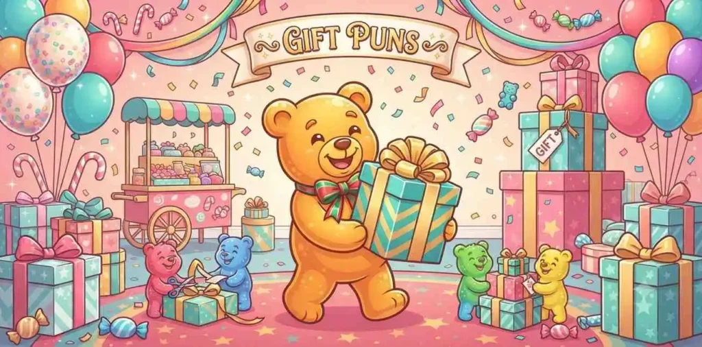 Gummy bear holding gift