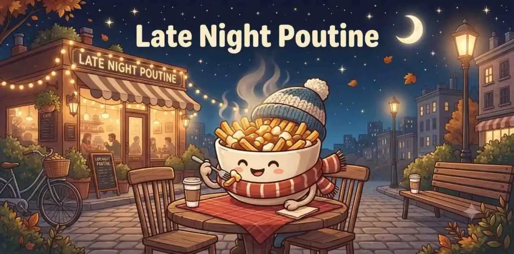 Cozy nighttime cartoon poutine