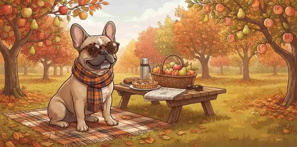 Stylish dog enjoying orchard picnic