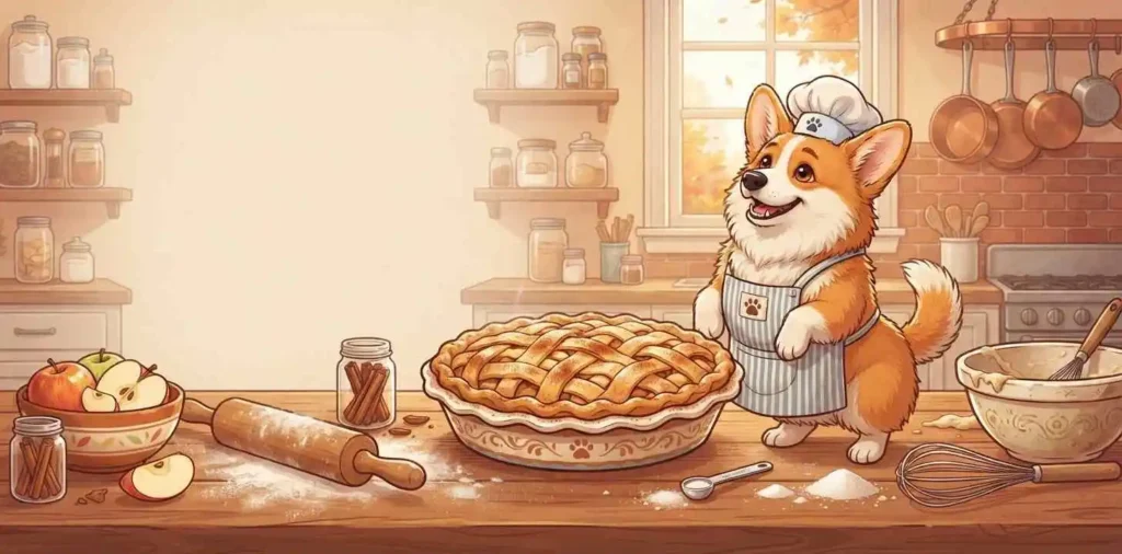 Cute dog beside apple pie