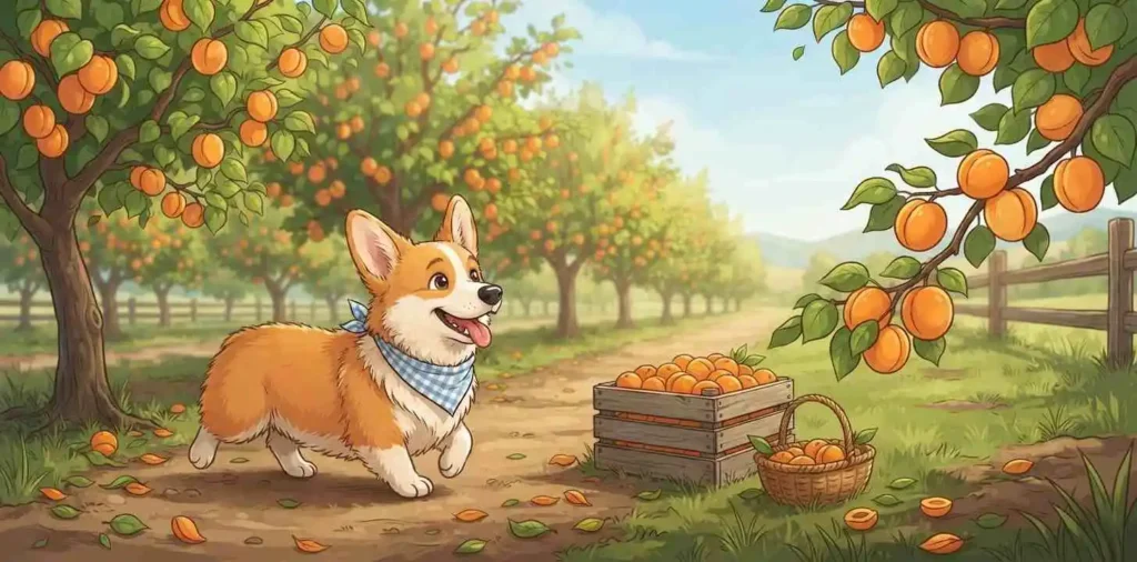 Corgi exploring an apricot orchard
