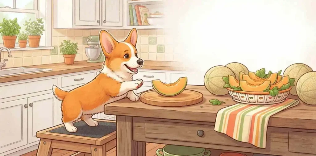 Playful puppy touching cantaloupe