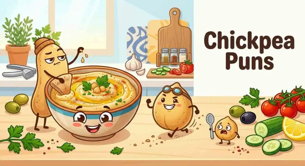 Funny chickpea characters enjoying hummus