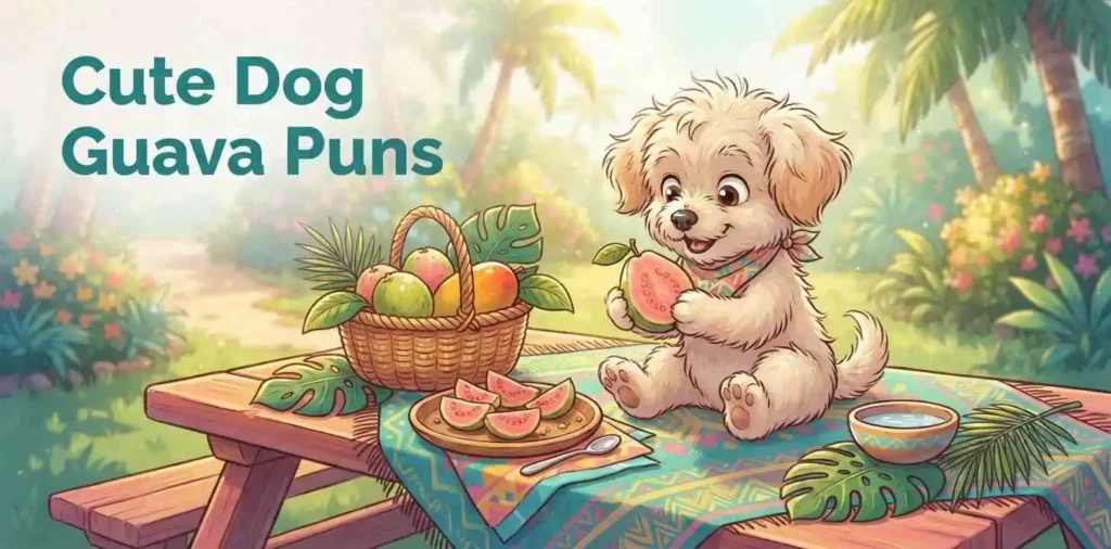 Cute puppy holding fresh guava
