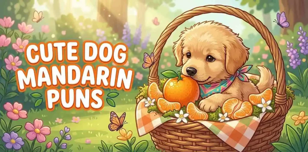Cute puppy with mandarin fruit