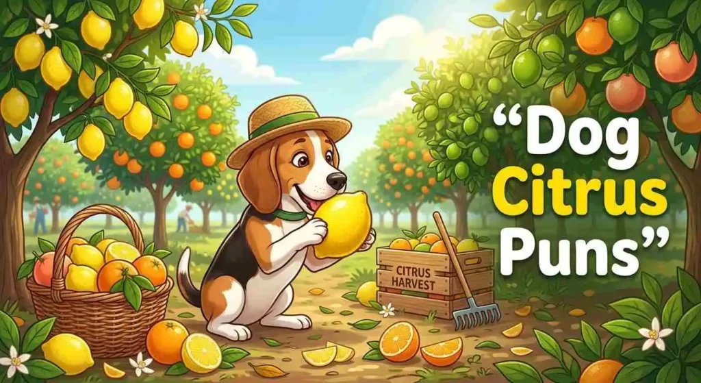 Playful dog with colorful citrus fruits