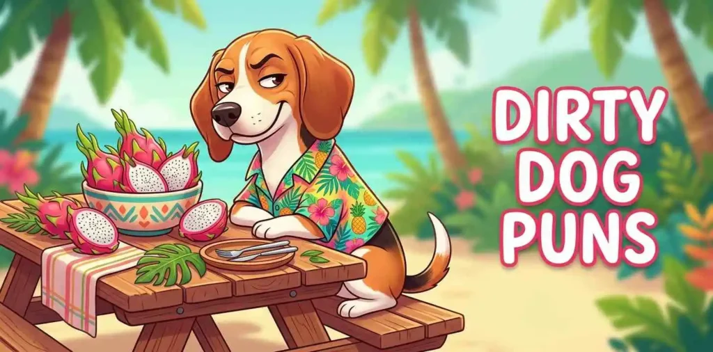 Playful dog with dragon fruit