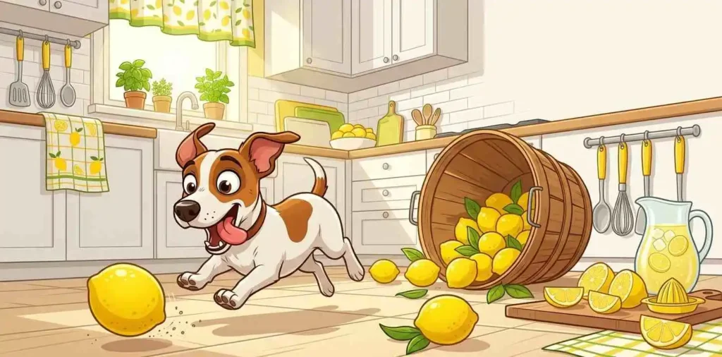 Funny dog playing with lemons