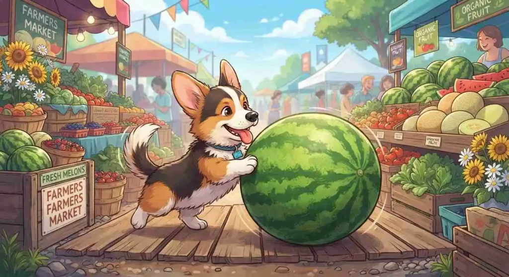 Playful puppy with watermelon slices