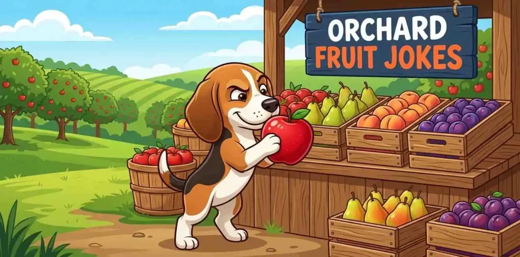 Playful puppy inspecting fresh orchard apples