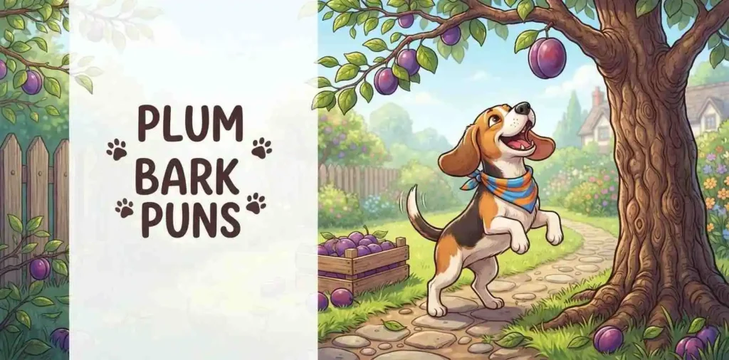 Funny dog beside plum tree