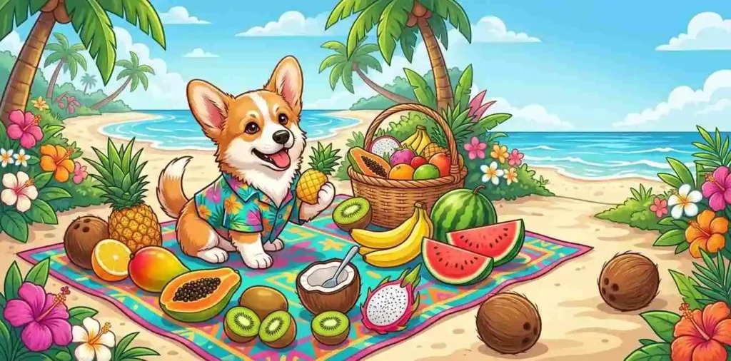 Happy puppy enjoying tropical fruits