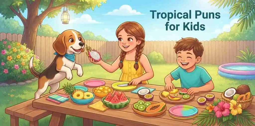 Kids and dog tropical fruits