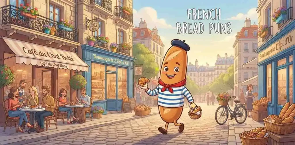 Happy French bread mascot.