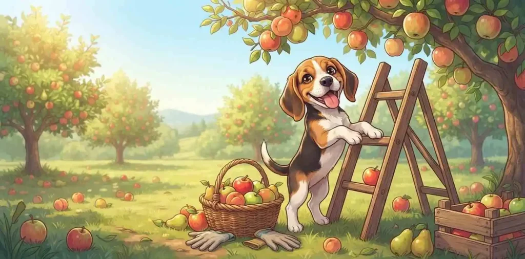 Playful puppy picking orchard fruit