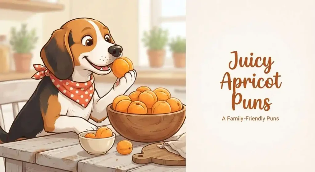 Happy beagle with ripe apricots