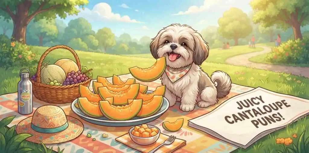 Dog enjoying juicy cantaloupe