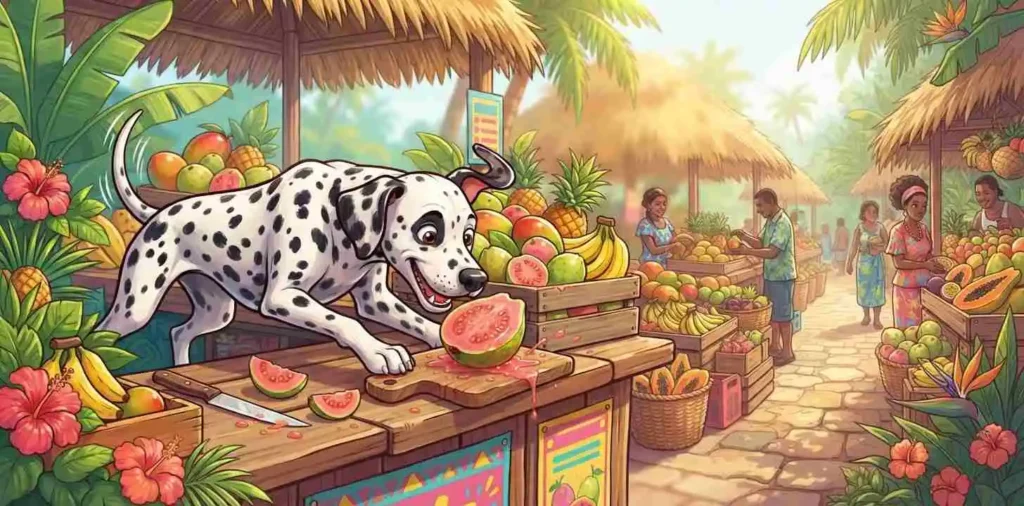 Playful dog beside juicy guava