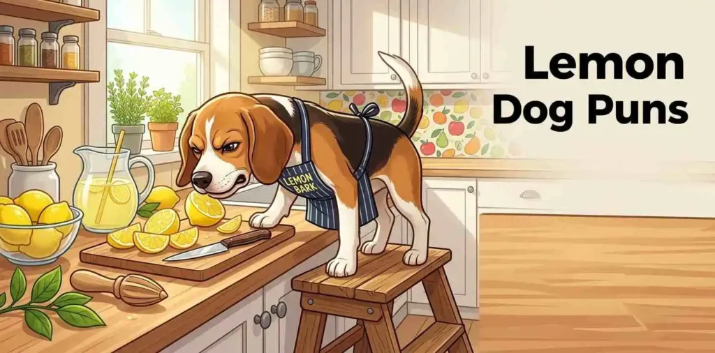 Playful dog with fresh lemons