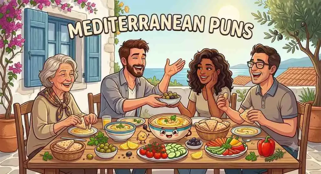Friends sharing hummus at Mediterranean table