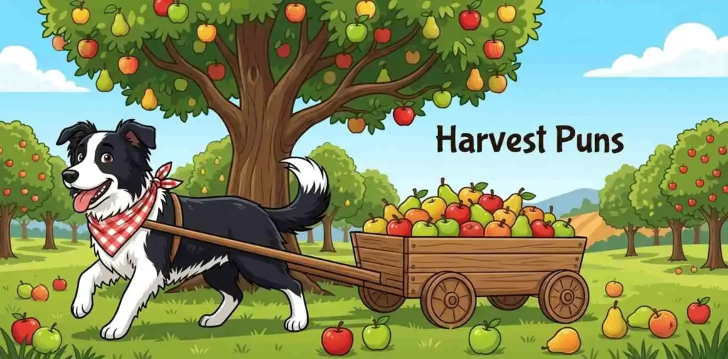 Happy dog helping with fruit harvest
