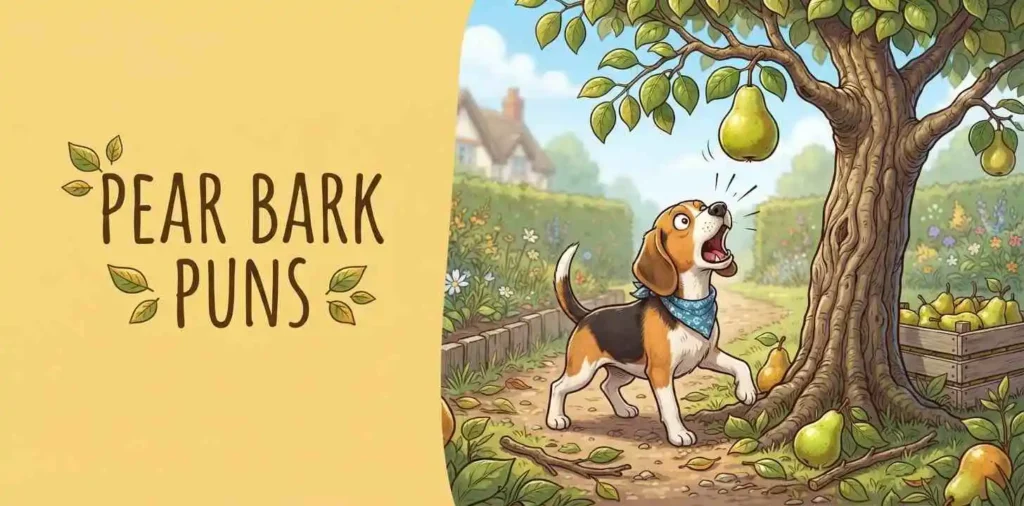 Funny dog barking near pears