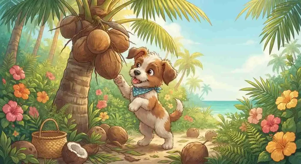 Playful puppy with coconut