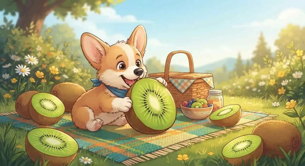 Playful puppy with kiwi