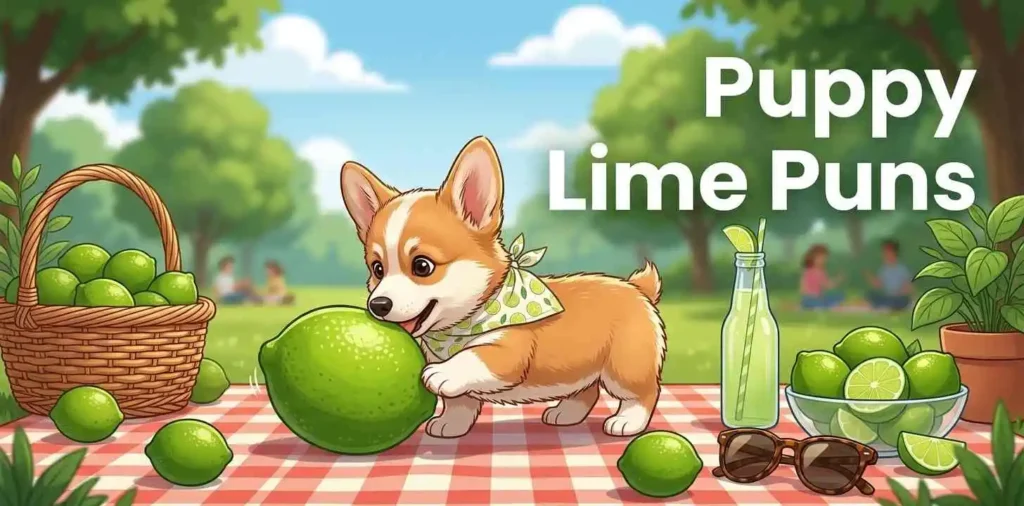 Playful puppy surrounded by limes