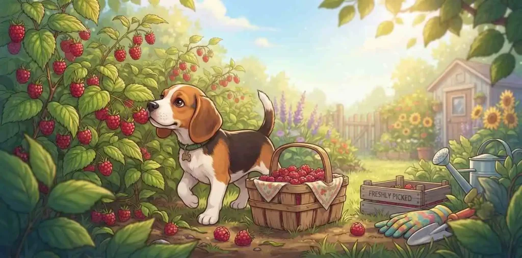 Playful puppy picking raspberries
