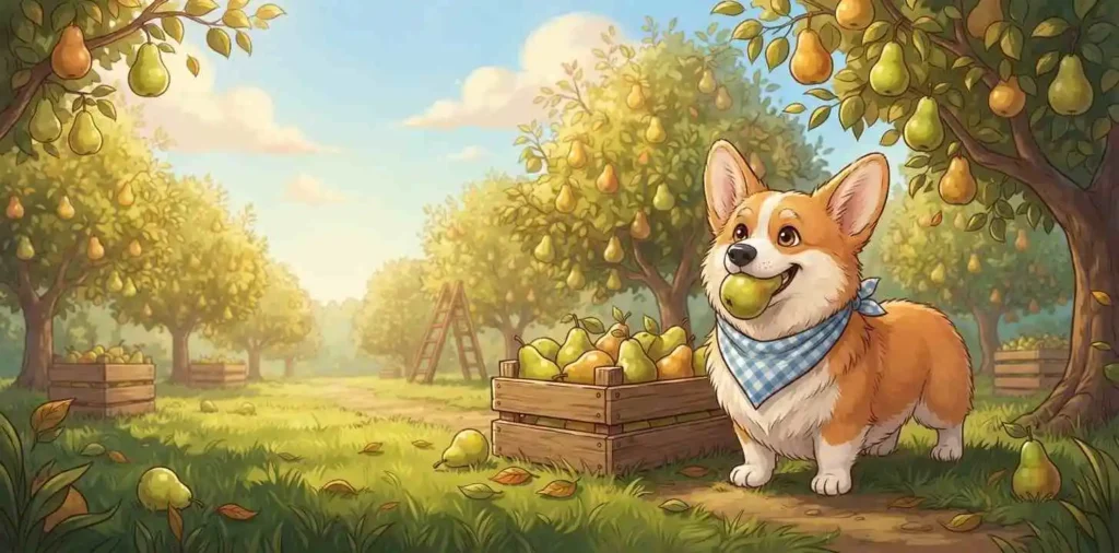 Cute dog with ripe pears