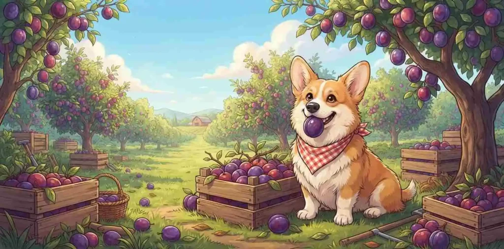 Happy dog with ripe plums