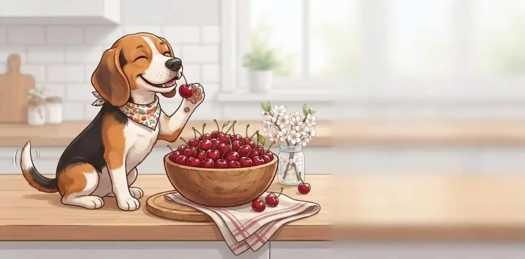 Happy beagle beside sweet cherries