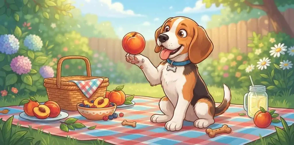 Playful dog pawing ripe nectarine