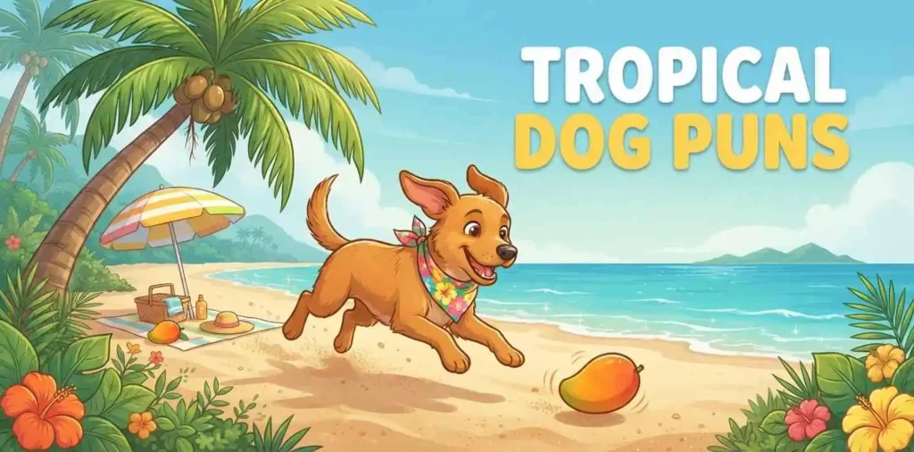 Dog enjoying tropical mango beach