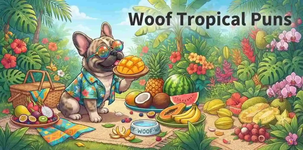 Funny dog tropical fruit picnic