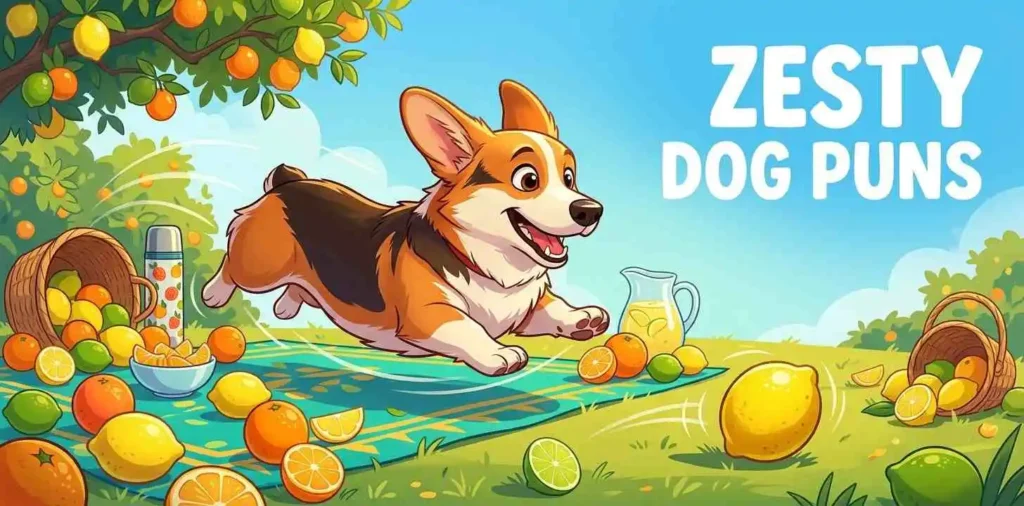 Energetic dog enjoying citrus fruits
