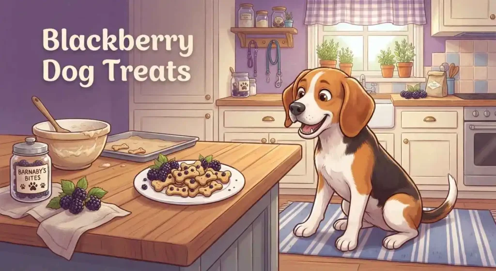 Beagle beside homemade blackberry dog treats