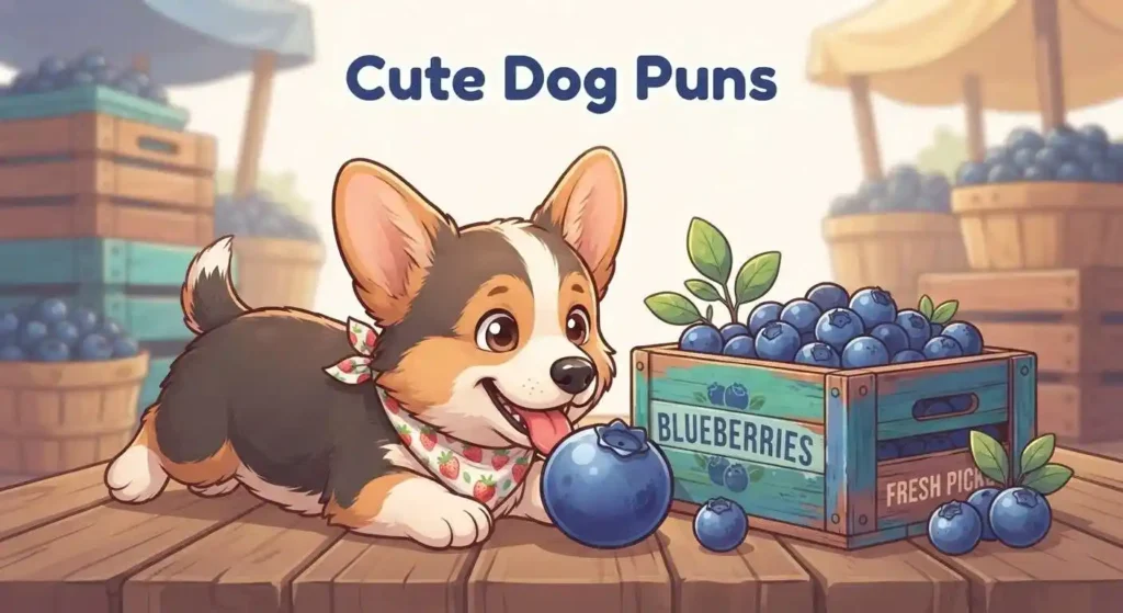 Fluffy puppy playing with blueberries