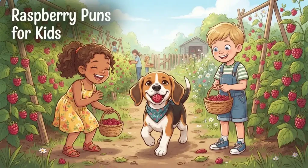 Puppy sharing raspberries with children