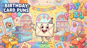 Colorful birthday card pun collection scene
